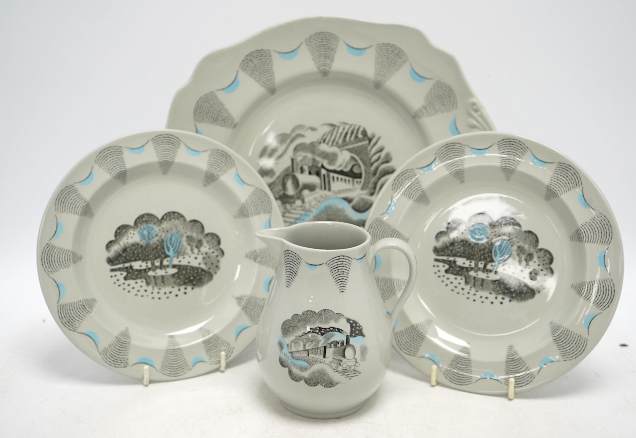 Four Wedgwood pottery items; all Travel pattern designed by Ravilious, comprising a small jug, 11.5cm high, and three plates. Condition - fair to good, minor marks and one chip to the jug only